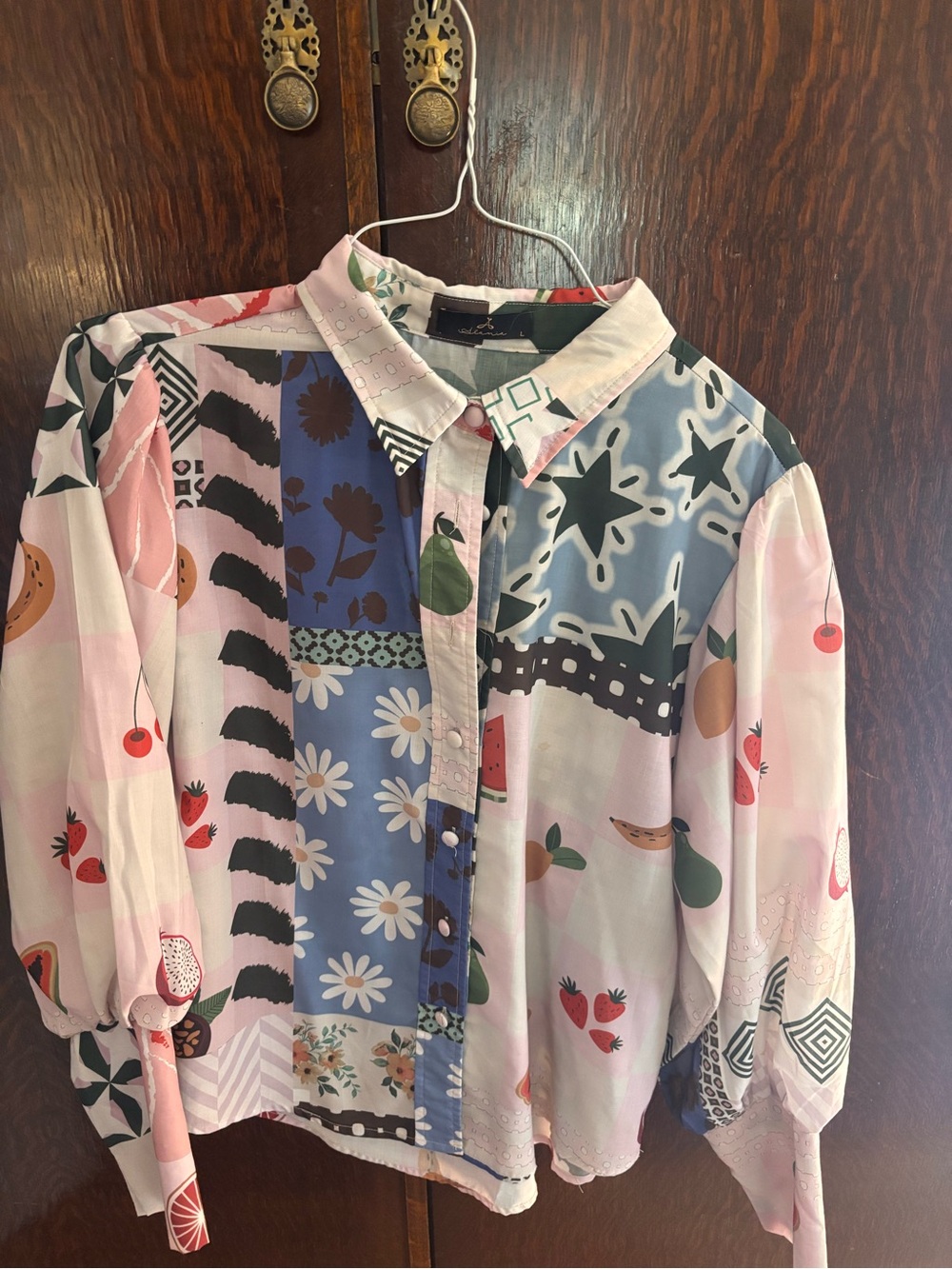 Patchwork Print Button-Down Shirt - Pink Multi